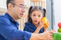 Father is teaching his daugther to cook for breakfast in kitchen, Happy family concepts