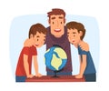 Father Teaching his Sons, Parent Helping Sons and Explaining Geography Lesson with Globe Cartoon Vector Illustration on