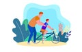 Father teaching son cycling in park. Adult helps child ride a bike. Parenting and outdoor activities vector illustration Royalty Free Stock Photo