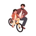 Father teaching son to ride bicycle. Kid with bike learning to cycle with help of dad. Boy and daddy at outdoor leisure