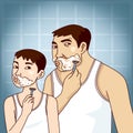 Father and teenager son shaving in bathroom