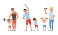 Father and their Sons Doing Sports Together, Cheerful Men and Boys Exercising with Dumbbells and Barbell Cartoon Vector