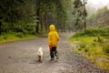 Father and three children with pet maltese dog, walking in a forest in a heavy rain Royalty Free Stock Photo