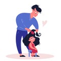 Father time with daughter vector illustration, cartoon flat happy parent dad holding comb, doing hairstyle to cute girl