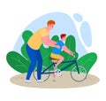 Father time with son vector illustration, cartoon flat dad character teaching kid boy to ride bicycle, happy parenthood