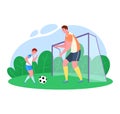 Father time with son vector illustration, cartoon flat dad playing soccer with boy on football green grass pitch Royalty Free Stock Photo