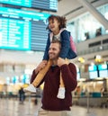Father, travel and piggyback girl at airport, laughing at comic joke and having fun together. Immigration flight