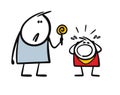 Father tries to calm his son down, gives him candy, the child is naughty, crying and screaming. Vector illustration of a