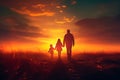 Father and two children. Man, boy and girl. Family silhouette walking down a ethereal sunset or sunrise vibrant landscape Royalty Free Stock Photo