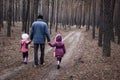 Father and two children walking along the road in a pine forest