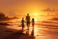Father and two kids walking on the beach at sunset, family vacation concept, Happy family on sandy beach near sea at sunset, AI Royalty Free Stock Photo
