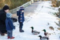 Father and two little siblings boys feeding ducks in winter. Royalty Free Stock Photo