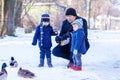 Father and two little siblings boys feeding ducks in winter. Royalty Free Stock Photo