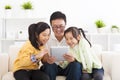 father using tablet pc with little girls