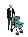 Father walking with baby in pram vector illustration isolated on white background. Happy family values. Royalty Free Stock Photo