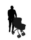 Father walking with baby in pram vector silhouette illustration isolated on white background. Royalty Free Stock Photo