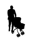 Father walking with baby in pram vector silhouette illustration isolated on white background. Royalty Free Stock Photo