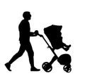 Father walking with baby in pram vector silhouette isolated on white background. Happy family values. Parent with baby in carriage Royalty Free Stock Photo