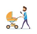 Father walking with child lying in pram and texting message on smartphone. Dad carrying stroller with his newborn baby