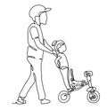 Father walking with daughter in Park, father helping daughter to ride a bike. Continuous line drawing.Vector monochrome Royalty Free Stock Photo