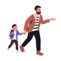 Father walking his son to school. Happy dad and child going and talking together. Young daddy and boy kid. Parent and