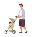 Father walks with the baby in a stroller. Flat cartoon vector illustration about paternity and parenthood, baby care