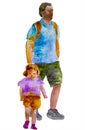 Father walks with his daughter painted in watercolor