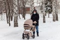 Father walks through the park in winter with a baby carriage