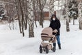 Father walks through the park in winter with a baby carriage, Russia