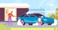 Father washing car. Dad and son wash dirt automobile in house yard, kid with bucket sponge helping parent, child cleaner Royalty Free Stock Photo