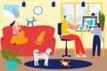 Father work at home, family person together at cartoon scene, vector illustration. Man woman young kid character in room