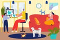 Father work at home, family person together at cartoon scene, vector illustration. Man woman young kid character in room