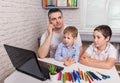 Father working from home, talking on mobile phone and babysitting Royalty Free Stock Photo