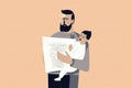 A father with a worried expression on his face holding a baby in his arms and a retirement investment statement in the