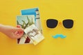 Father& x27;s day concept. Hipster yellow sunglasses and funny moustache next to photographs Royalty Free Stock Photo