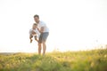 Father& x27;s day. Happy family father and toddler son playing and laughing on nature at sunset Royalty Free Stock Photo