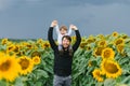 Father with a young son on his shoulders walking and having fun in a field of sunflowers Royalty Free Stock Photo