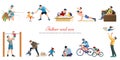 Fatherhood child-rearing playing walking fishing with kids retro cartoon icons banners set isolated vector illustration.