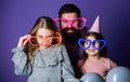 Fatherhood concept. Friendly family wear party accessories. Best dad ever. Fathers day. Daughters need father actively Royalty Free Stock Photo