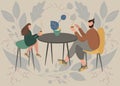 Fatherhood portrait lovely man with his daughter. Father having cup of tea in cafe table with his child. Flat modern vector