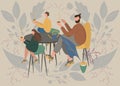 Fatherhood portrait lovely man with his kids. Father having cup of tea in cafe with table with his babies. Flat modern vector