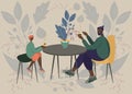 Fatherhood portrait lovely man with his son. Father having cup of tea in cafe with table with his child. Flat modern vector