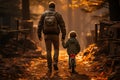 Fatherly support, man coaches childs bike riding, viewed from behind