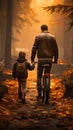 Fatherly support, man coaches childs bike riding, viewed from behind Royalty Free Stock Photo