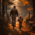 Fatherly support, man coaches childs bike riding, viewed from behind Royalty Free Stock Photo