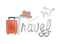 Travel word Coloring lines hand drawn and shapes