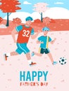 Fathers day banner with dad and son playing football cartoon vector illustration. Royalty Free Stock Photo