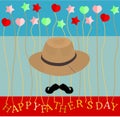 Fathers day calligraphic banner greeting card vector illustration moustache hat tie heart stars concept