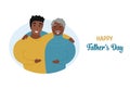 Fathers Day card. Elderly father and adult son embrace. Happy african american man hugs his senior dad. Two men together. Flat