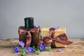 Fathers Day card, gift box with brown ribbon, perfume bottle Royalty Free Stock Photo